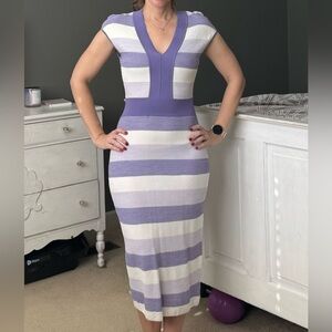 Chic Striped Midi Dress in Purple and White